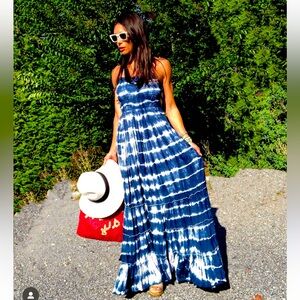 Tiare Hawaii Maxi Dress Indigo and White Tie Dye Halter Dress With Open Back OS